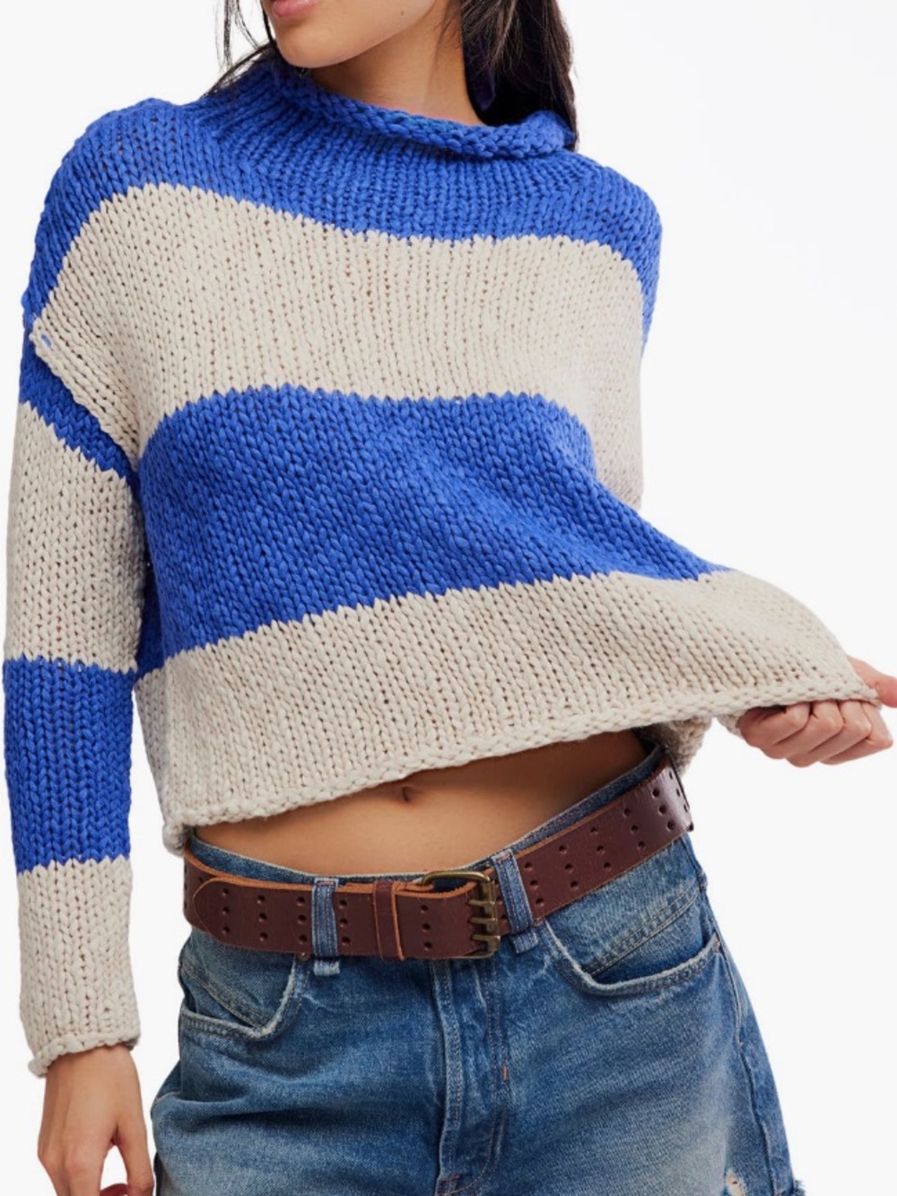 Free People Rugby Stripe Crop Roll Neck Slouchy Sweater in Royal Blue & White